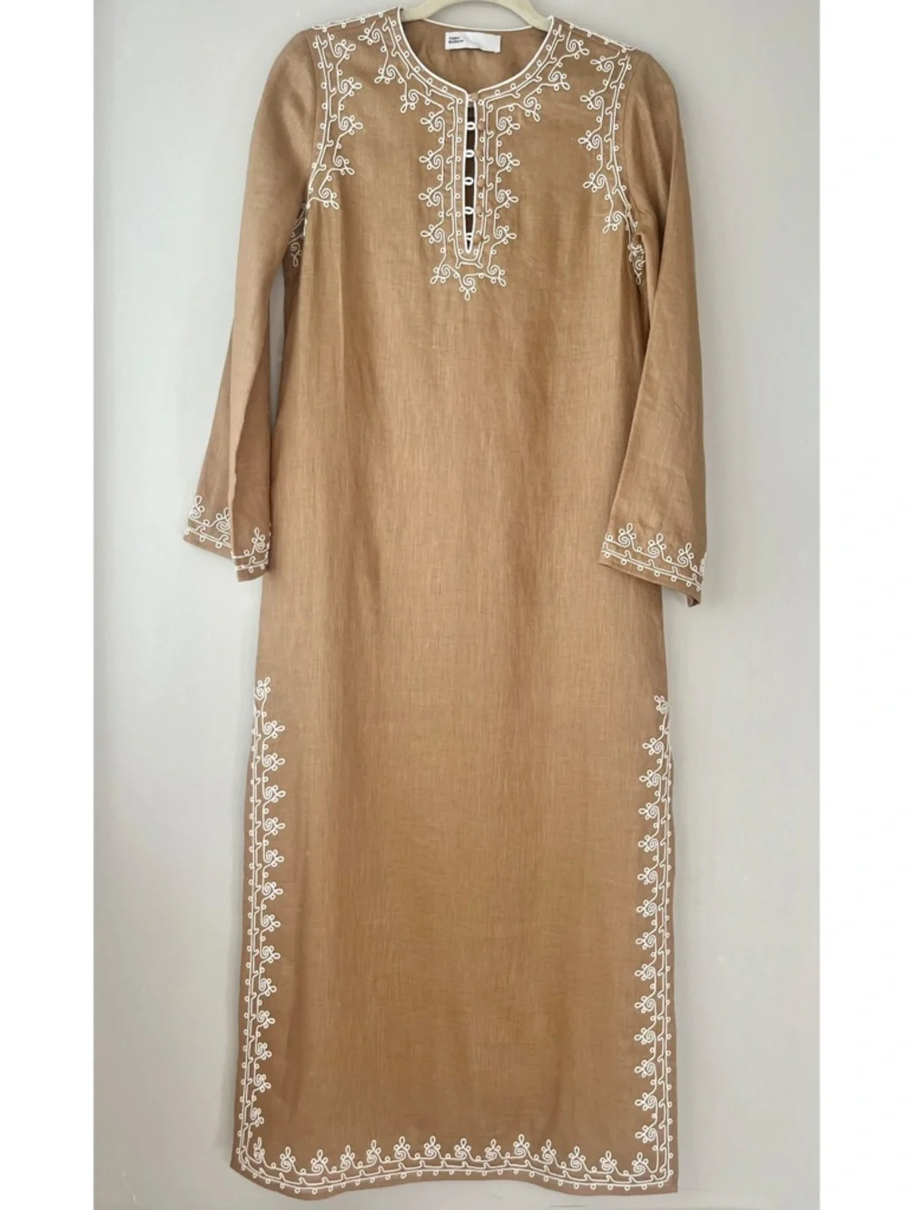 Tory Burch Camel Linen Caftan Maxi Dress with White Embroidery XS
